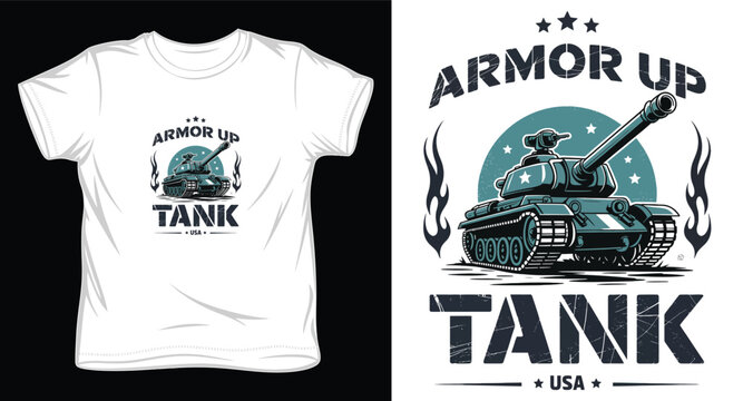 Armor up tank usa military emblem design for apparel print with grunge aesthetic.