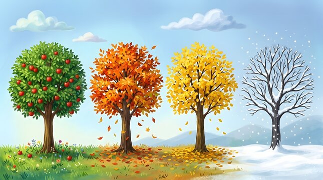The first day of winter four trees illustrating seasonal changes through autumn and winter