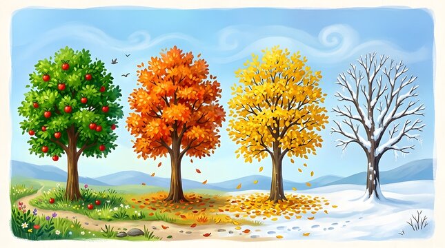 Four trees representing the seasons including the first day of winter's snowy landscape