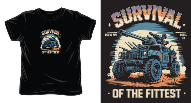 Survival of the fittest t-shirt graphic showing armored tank vehicle in post apocalyptic desert landscape.
