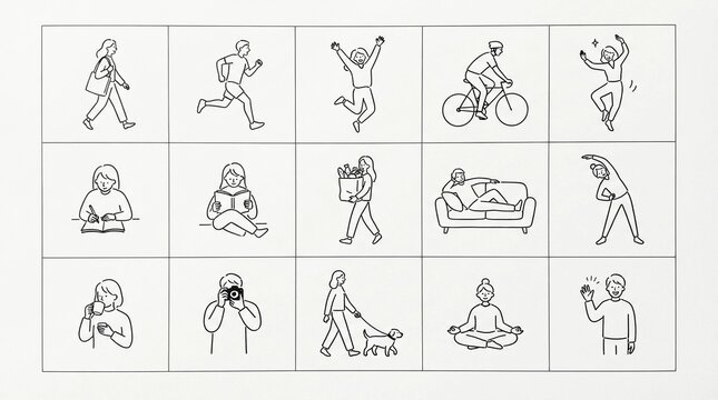Minimalist black and white line art icons depicting diverse daily human activities including sports exercise relaxation and leisure hobbies set against a clean white background surface