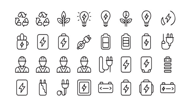 Set of green energy and electricity line icons including battery charging eco power plug and renewable resource symbols