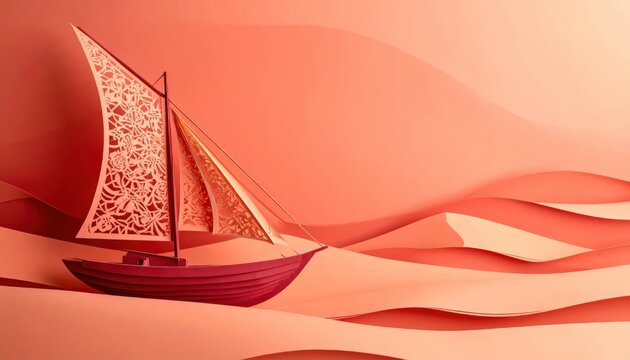 Minimalist Papercut Sailboat on Stylized Waves in Peach Pink with Ample Copy Space for Text, Creative Conceptual Illustration of Voyage and Journey