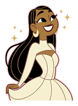 Vector illustration of a beautiful, smiling Black woman with long hair in an elegant cream evening gown, adorned with hoop earrings and magical gold sparkles, isolated on a white background.