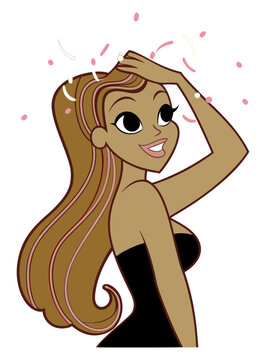 Vector illustration of a smiling woman with long brown hair and pink streaks, wearing a black strapless dress, under falling confetti, isolated on a white background. Gorgeous character art.