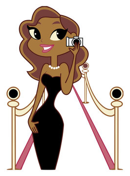 Vector illustration of a glamorous Black woman in a black strapless gown holding a camera on the red carpet with gold stanchions, isolated on a white background. Elegant celebrity party art.