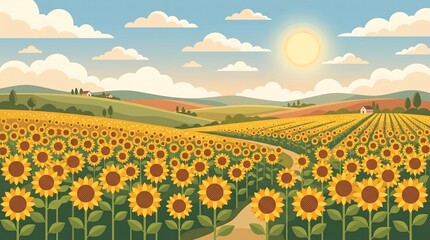 Fototapeta premium Flat illustration of a blooming sunflower field under warm afternoon sunlight, distant hills, fluffy clouds, clean geometric vector style, natural colors