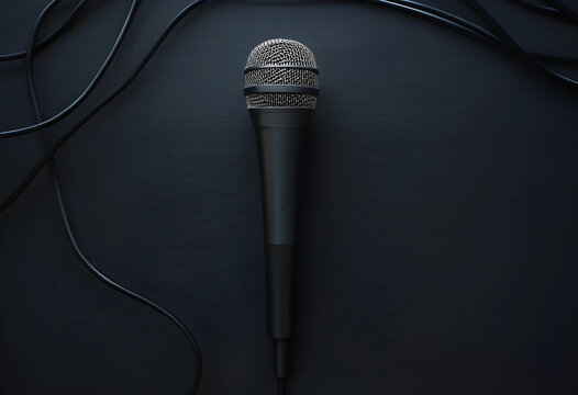 Flat lay of a wired microphone on dark surface