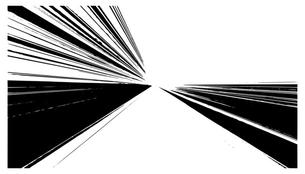 Vector illustration of an abstract black and white speed line composition converging toward a central horizon point, creating a dramatic sense of fast motion perspective along an empty road.