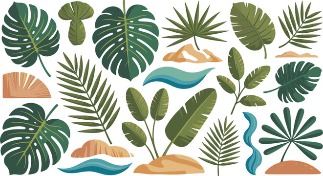 Tropical pattern with leaves coconuts sun and wavy shapes.