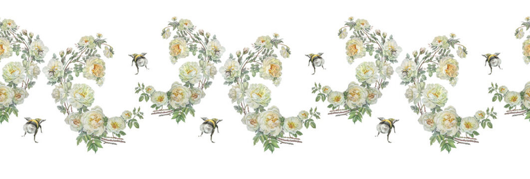 Watercolor seamless border with flower dog rose and bumblebee on white background. Hand-drawn summer branch with green leaves and wild rose hip. Botanical rim for sticker tea. Wallpaper or wrapping