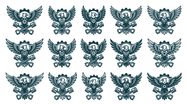 Collection of 15 eagle automotive icons featuring spread wings, mechanical gears, and crossed pistons on a white background, designed for motorcycle clubs, garages, and car racing emblems.