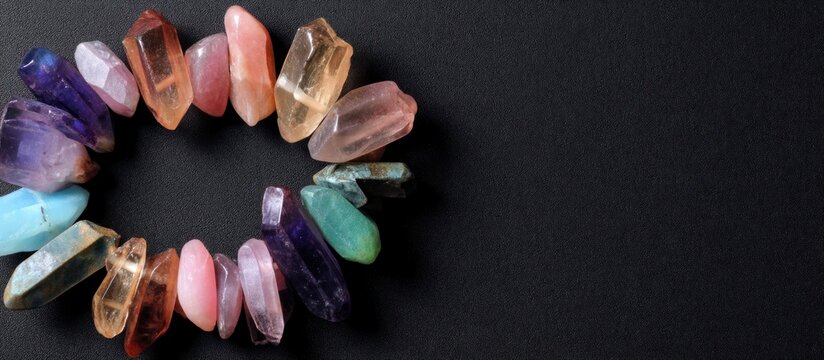 Colorful crystals arranged in a circle on a dark textured background