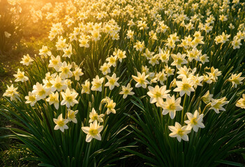 Obraz premium Field of fresh narcissus flowers in golden hour sunlight