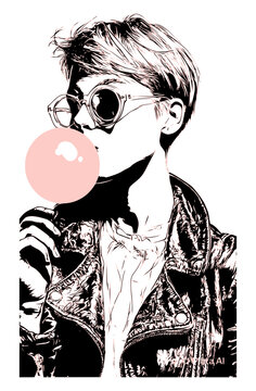 Vector illustration of a cool, trendy woman in round sunglasses and a leather jacket blowing a pink bubble gum bubble, rendered in a bold line art style on a clean white background.