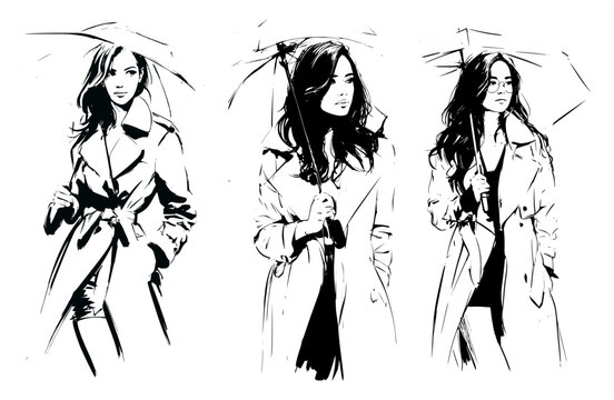 Black and white fashion illustration of an elegant woman wearing a classic trench coat and carrying an umbrella, drawn in artistic ink style across three poses for modern outerwear concepts.