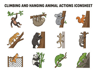 Obraz premium An icon sheet displaying twelve vectorstyle illustrations of various animals climbing or hanging from trees poles and surfaces