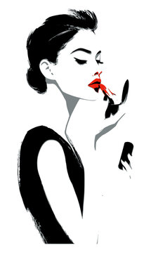 Glamorous fashion illustration of an elegant woman applying bright red lipstick using a small compact mirror, rendered in minimalist black and white ink sketch style with vibrant red accents.