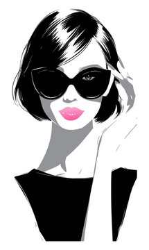 Fashion fashion illustration of a chic woman with a bob hair haircut, black sunglasses, and bright pink lips, hand drawn vector portrait isolated on white background, modern beauty concept.