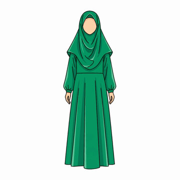 Vector Illustration of Muslim Woman Character Wearing Emerald Green Abaya with Hijab