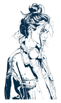 Edgy line art fashion illustration of a young woman wearing an denim jacket and headphones around her neck, casual urban style portrait with hair bun isolated on white background.
