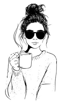 Casual fashion line art illustration of a cool young woman with a high hair bun and sunglasses holding a steaming coffee mug, cozy lifestyle vector artwork isolated on a white background.