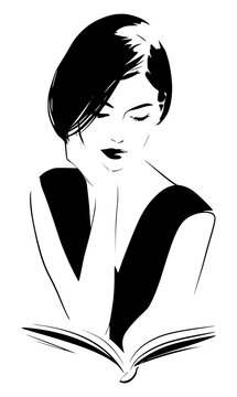 Elegant black and white vector illustration of a stylish woman with short hair leaning over an open book, minimalist line art drawing depicting reading, education, and literary beauty.