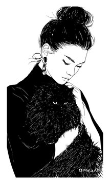 Chic line art fashion illustration of a fashionable woman with a sleek hair bun holding a fluffy black cat, elegant portrait expressing pet love and modern style on a white background.