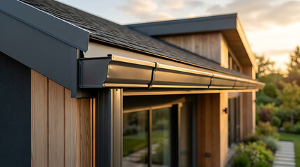 Fototapeta premium modern wooden house with sloped roof and large glass windows overlooking a lush garden during sunset