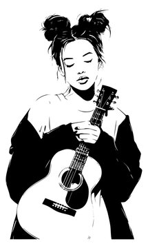 High-contrast line art illustration of a serene young woman with space buns holding an acoustic guitar, expressive music lover portrait vector sketch isolated on a plain white background.