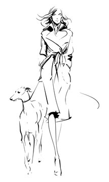 Minimalist fashion line art sketch of an elegant woman walking a greyhound dog on a leash, full body vector artwork capturing movement and chic autumn trench coat style on a white background.