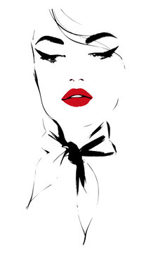 Minimalist fashion illustration of a beautiful woman with red lipstick and a chic neck scarf, clean line art face sketch with bold makeup accent isolated on a plain white background.