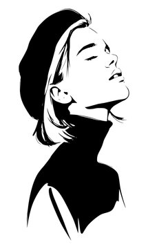 Black and white fashion vector illustration of a stylish young woman wearing a black beret hat and turtleneck sweater, profile portrait with chin up isolated on a clean white background.