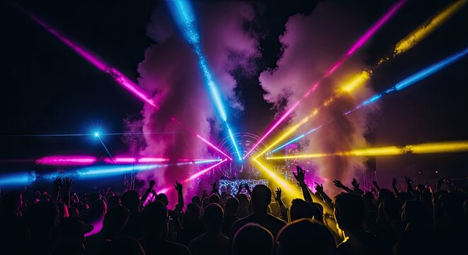 Vibrant laser light show at crowded night concert event.