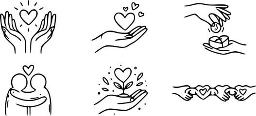 Obraz premium A set of black and white vector illustration icons featuring human hands holding hearts and various expressions of love