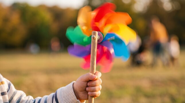 Little kid hand holding a spinning colorful rainbow pinwheel toy outdoors for world environmental health day campaign