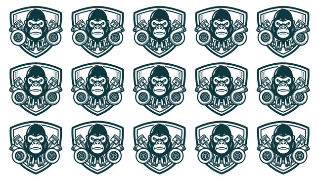Collection of fifteen identical automotive emblems featuring a fierce gorilla head in a shield with turbochargers and pistons, monochrome vector design for garage and car tuning brands.