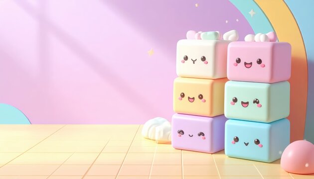 Adorable Pastel Kawaii Cube Characters with Happy Smiling Faces Stacked on a Grid Surface with Ample Copy Space and a Rainbow Background