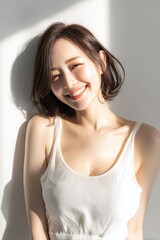 Fototapeta premium A Japanese woman is captured in a timeless, elegant setting, with soft lighting and a poised expression that highlight her refined beauty and grace.