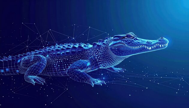 Glowing blue digital crocodile swimming in dark space.