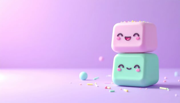 Adorable Pink and Green Marshmallow Cube Characters with Smiling Faces Stacked on Pastel Purple Background with Sprinkles and Large Copy Space