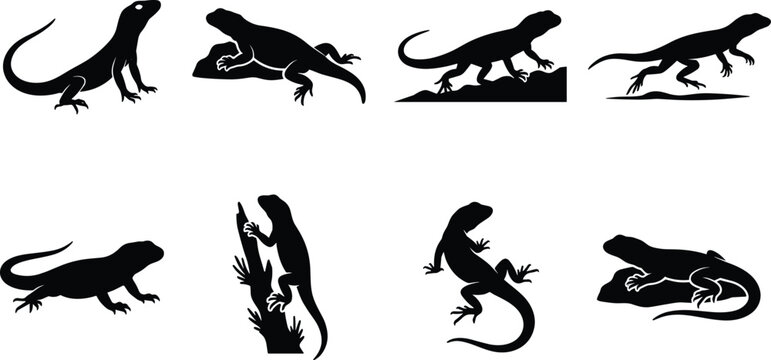 Lizard Silhouette Collection with Various Poses Isolated Vector Style Animal Design Set