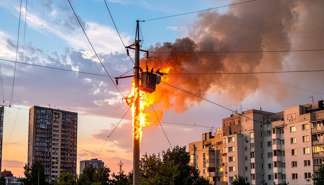 Urban scene of a burning electrical transformer on a power pole at dusk, sending flames and smoke over residential buildings, signaling a critical power grid failure