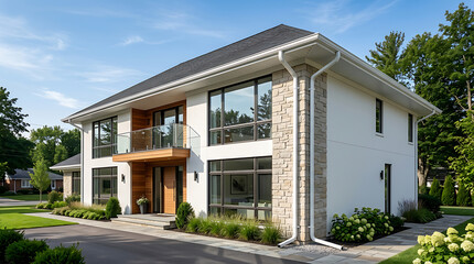 Fototapeta premium Modern two-story residential house featuring sleek design elements and expansive glass windows surrounded by lush greenery