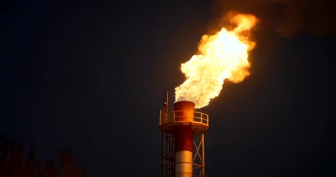 Industrial Gas Flare Burning Brightly at Night Against Dark Sky.