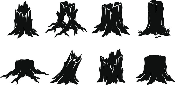 Tree Stump Silhouette Set with Dead Wood and Roots Vector Collection