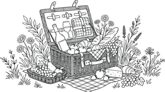 Vintage hand drawn picnic basket vector, rustic wicker hamper with wine and food, summer garden picnic scene line art illustration