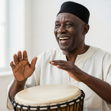 Happy Senior African Man Playing Traditional Djembe Drum with Big Smile Wearing Kufi Hat and White Robe in a Bright Indoor Setting.