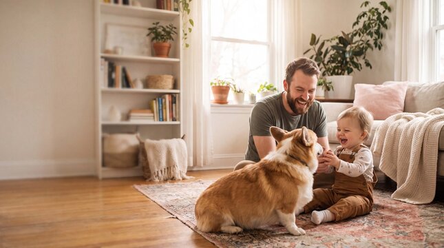 Playful corgi and father bond with happy toddler in family room on National Dog Day at home