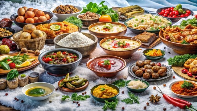A lavish spread of international cuisine adorns a snowywhite table showcasing a kaleidoscope of flavors worldwide